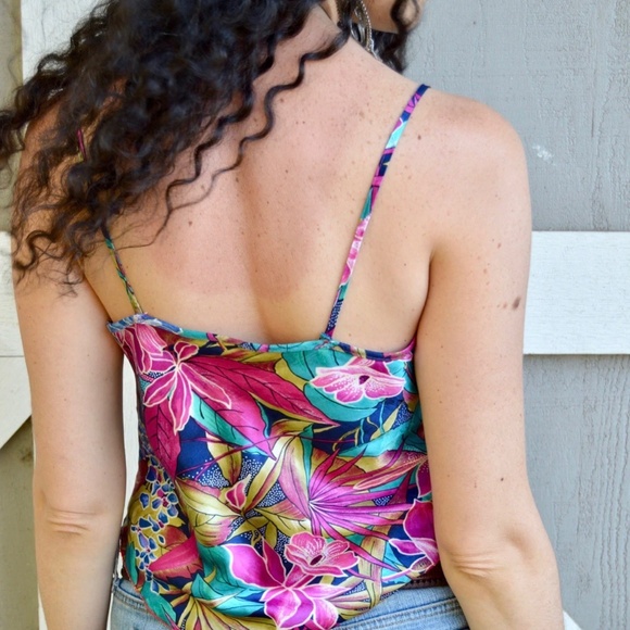 80's lingerie camisole jewel tone tropical jungle print - Picture 2 of 2